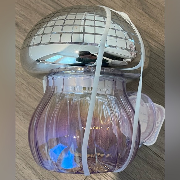 Enchanted Forest Retro Mushroom Glass Mug w/Lid Purple Silver Disco Irridesent - Picture 3 of 3